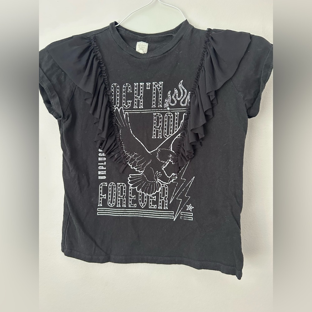 women's Black Graphic Tee with Ruffle Detail